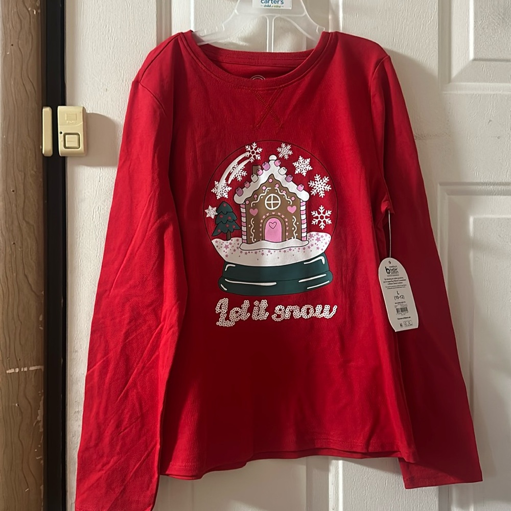 WONDER NATION LET IT SNOW LONG SLEEVE TEE: RED: NEW WITH TAGS: SIZE L (10-12)